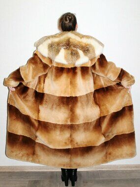 Rare Runway Real Sheared Beaver Fur Coat Brown Fox Hooded Floor Maxi Length Mink